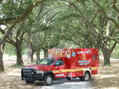 Fire truck underneath a group of trees